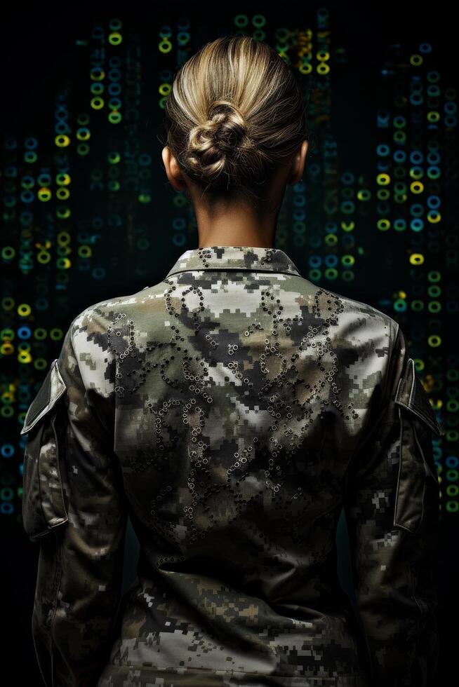 military soldier in camouflage uniform with hair bun photo