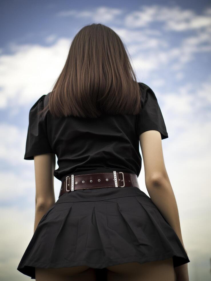 Mysterious woman in black outfit against cloudy sky photo