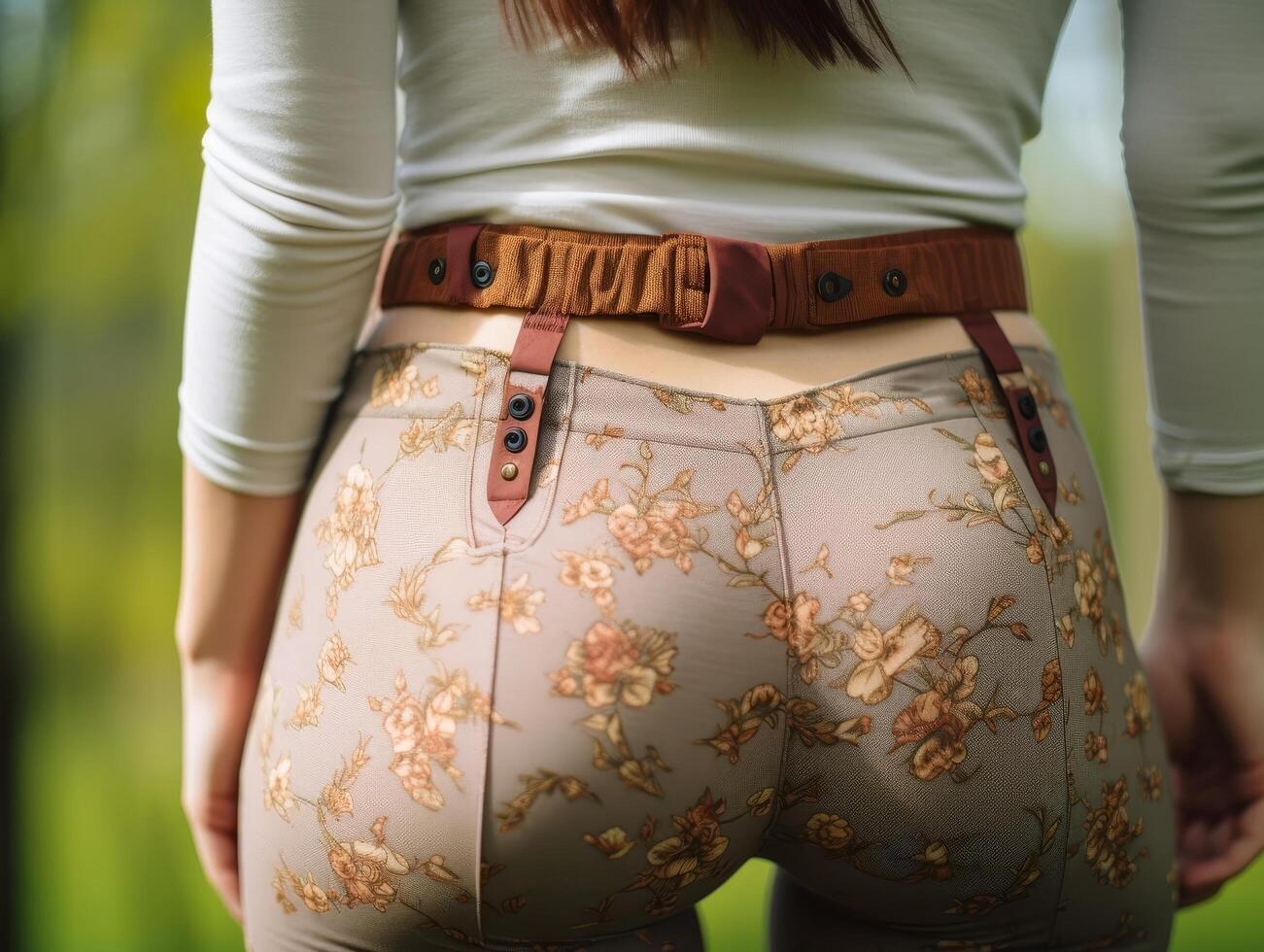Floral patterned pants with leather belt photo