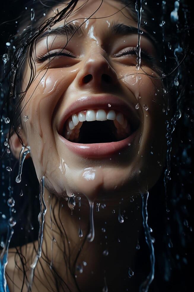 Intense facial expression of a person under heavy rainfall photo