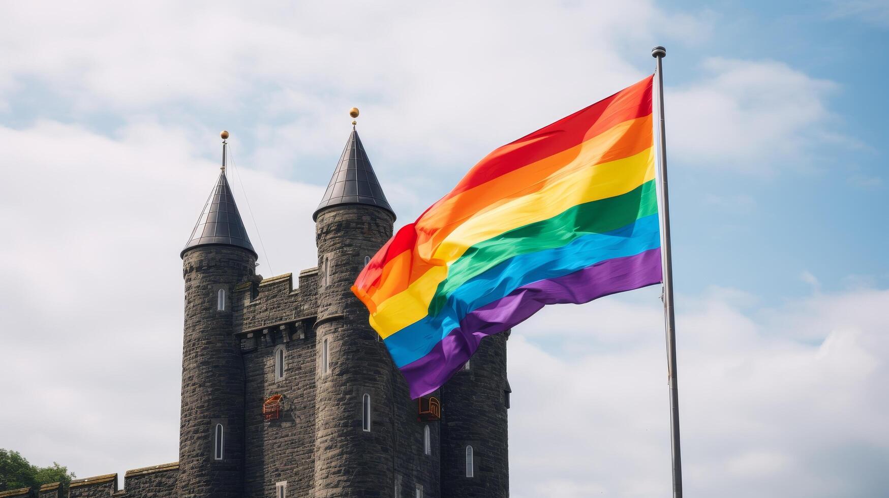 rainbow flag waving in front of medieval castle photo
