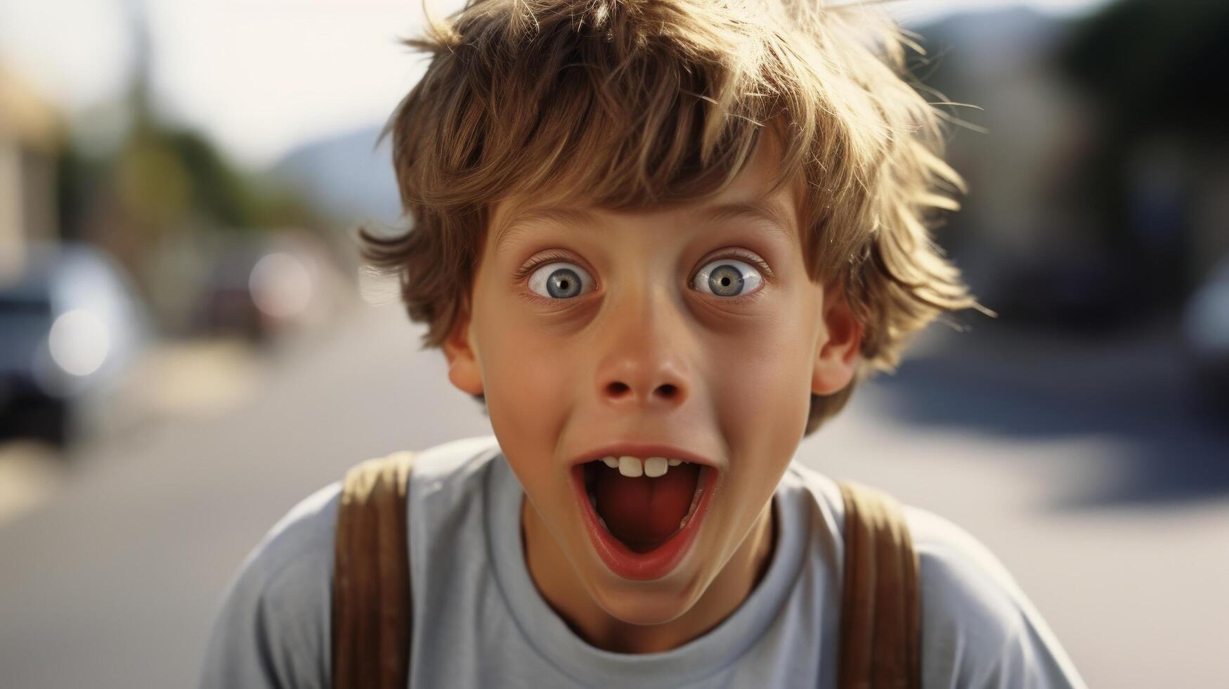 surprised young boy with wide open eyes and mouth photo