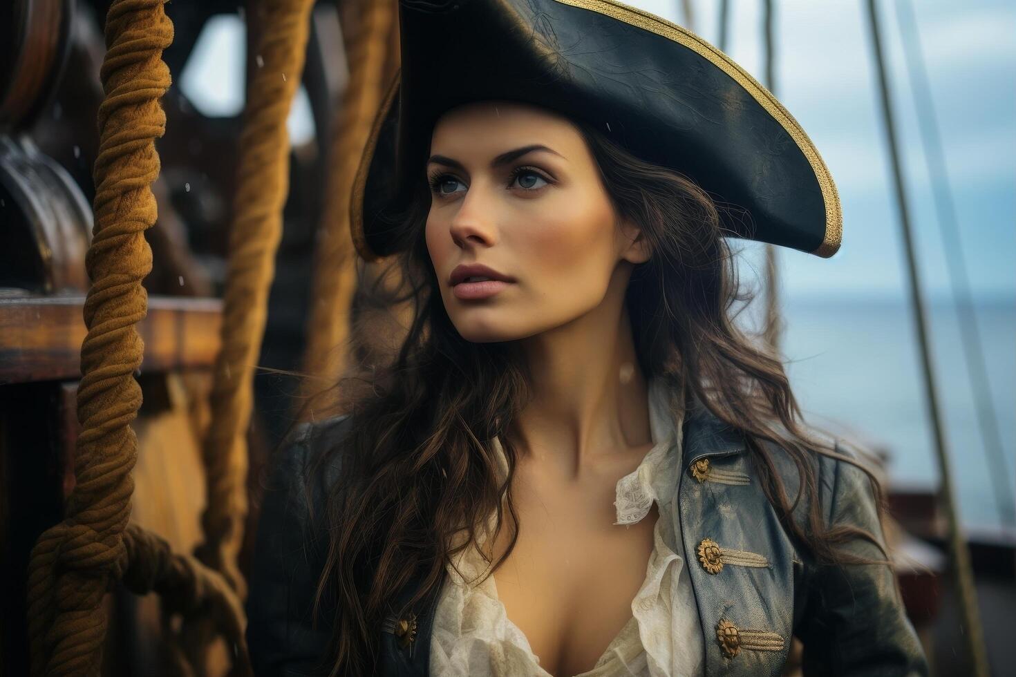 Mysterious pirate woman on a ship photo
