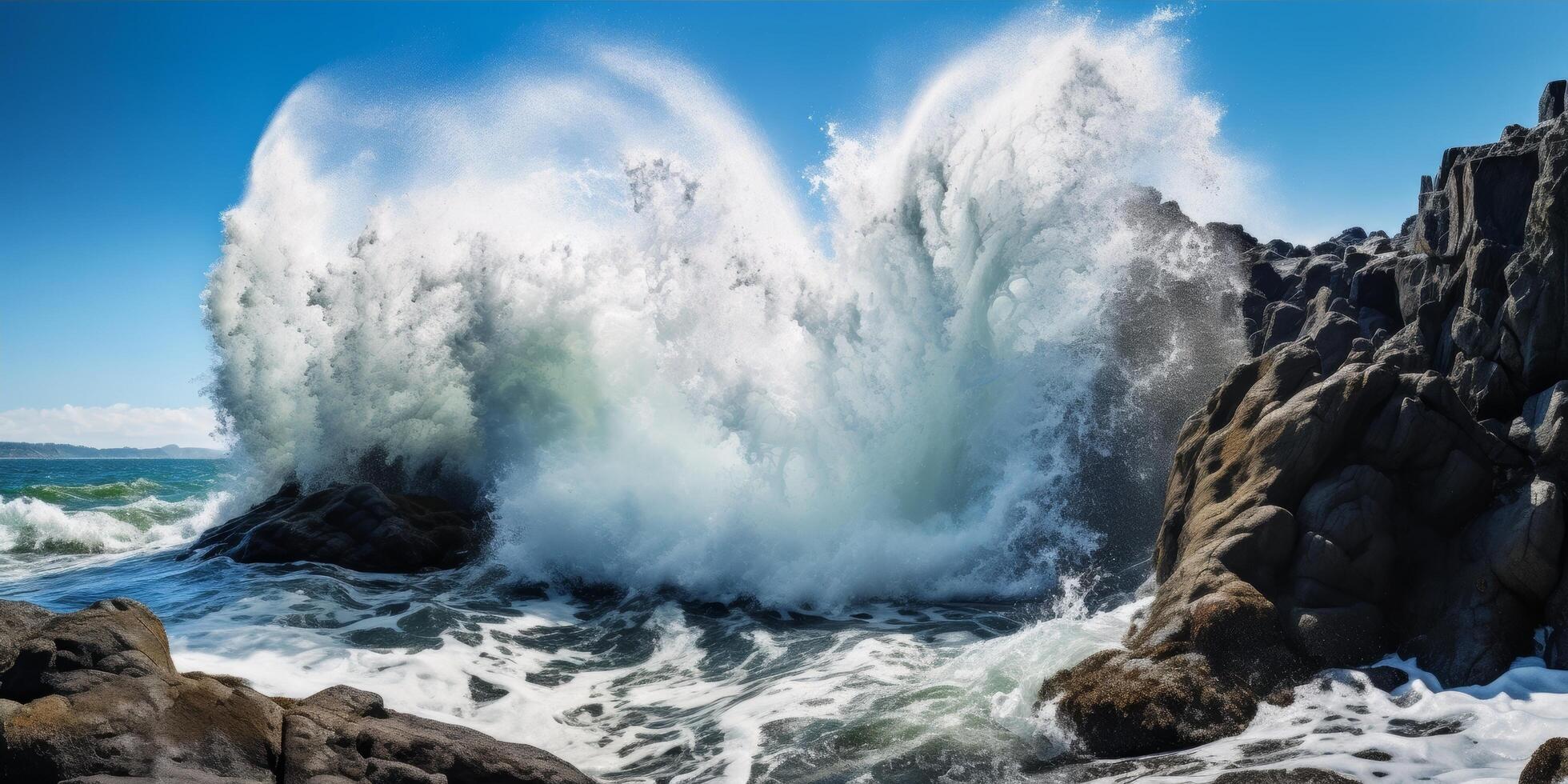 Powerful ocean waves crashing against rocky coastline photo
