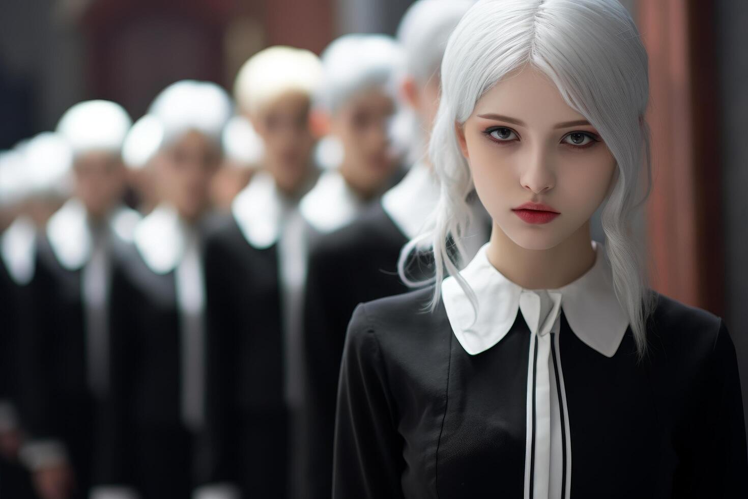 Mysterious woman in black and white outfit photo