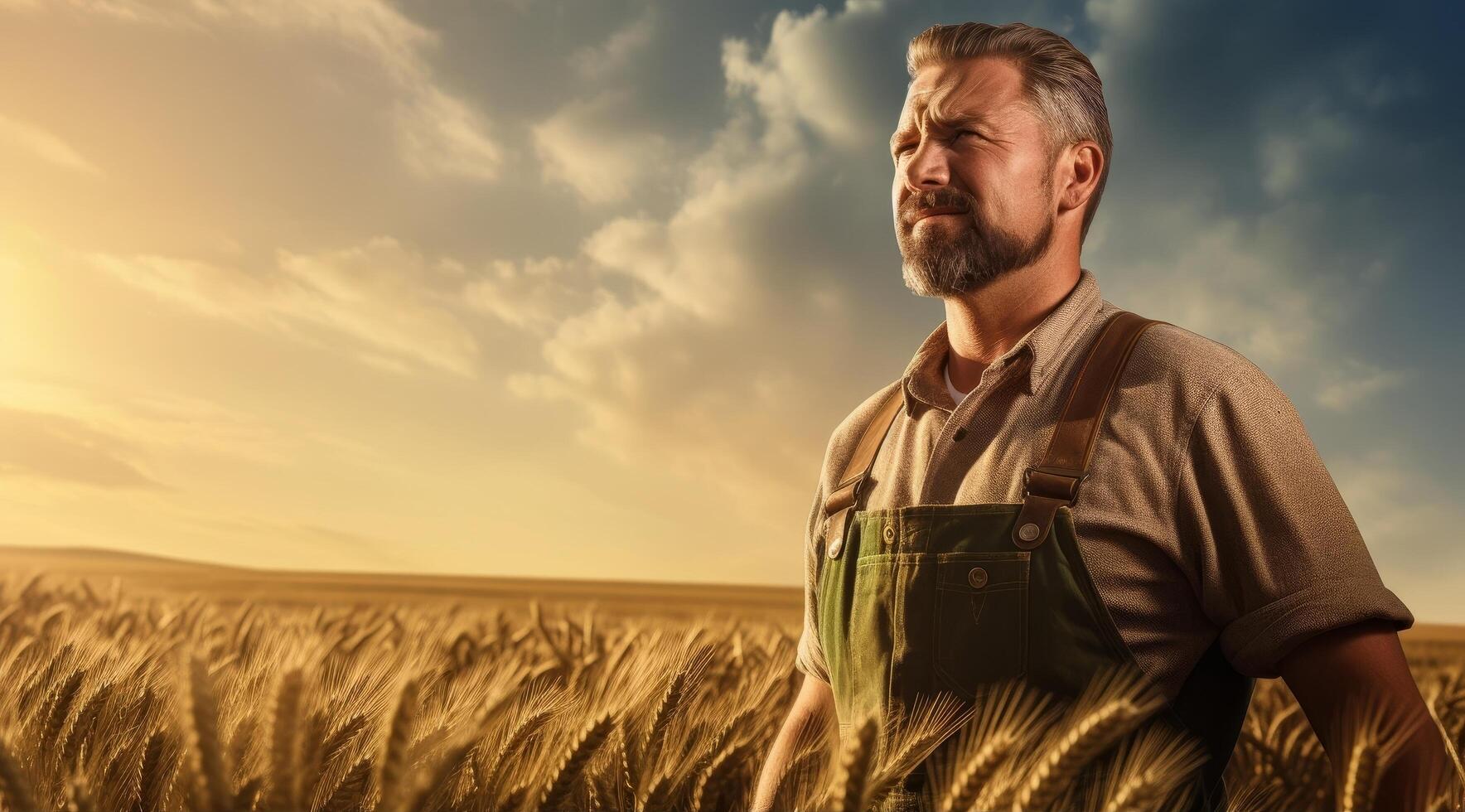Farmer standing in golden wheat field under dramatic sky photo
