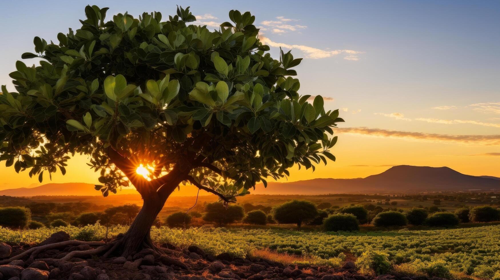 Scenic sunset over lush green landscape with large tree photo