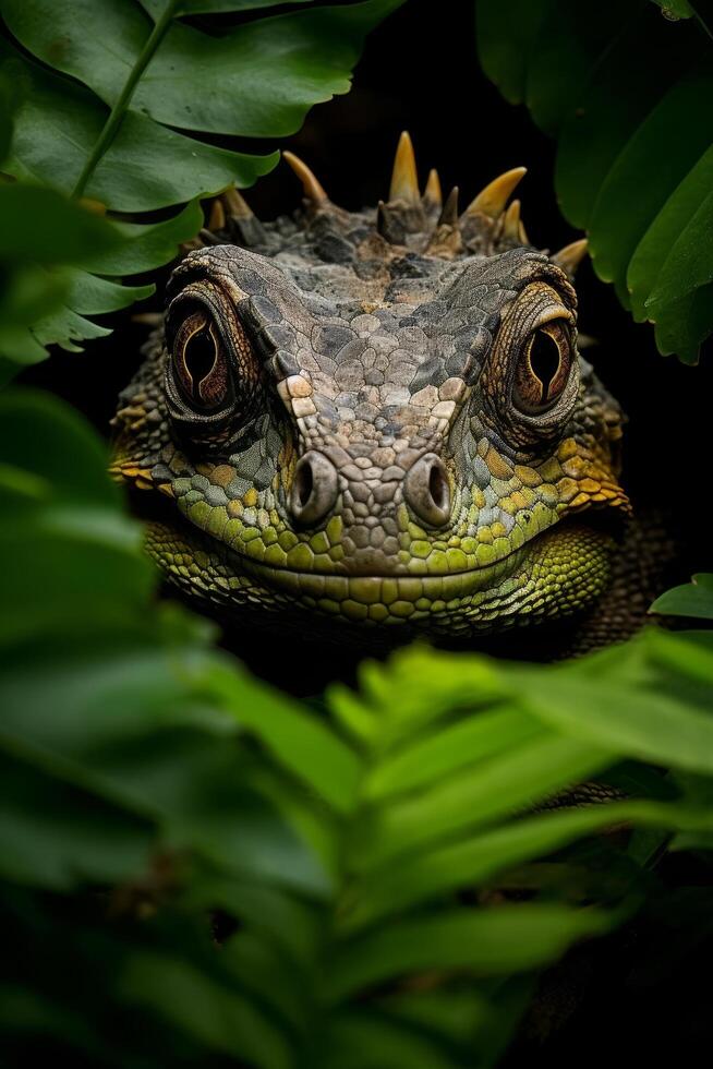 Close up of a green lizard with intricate scales and bright eyes photo