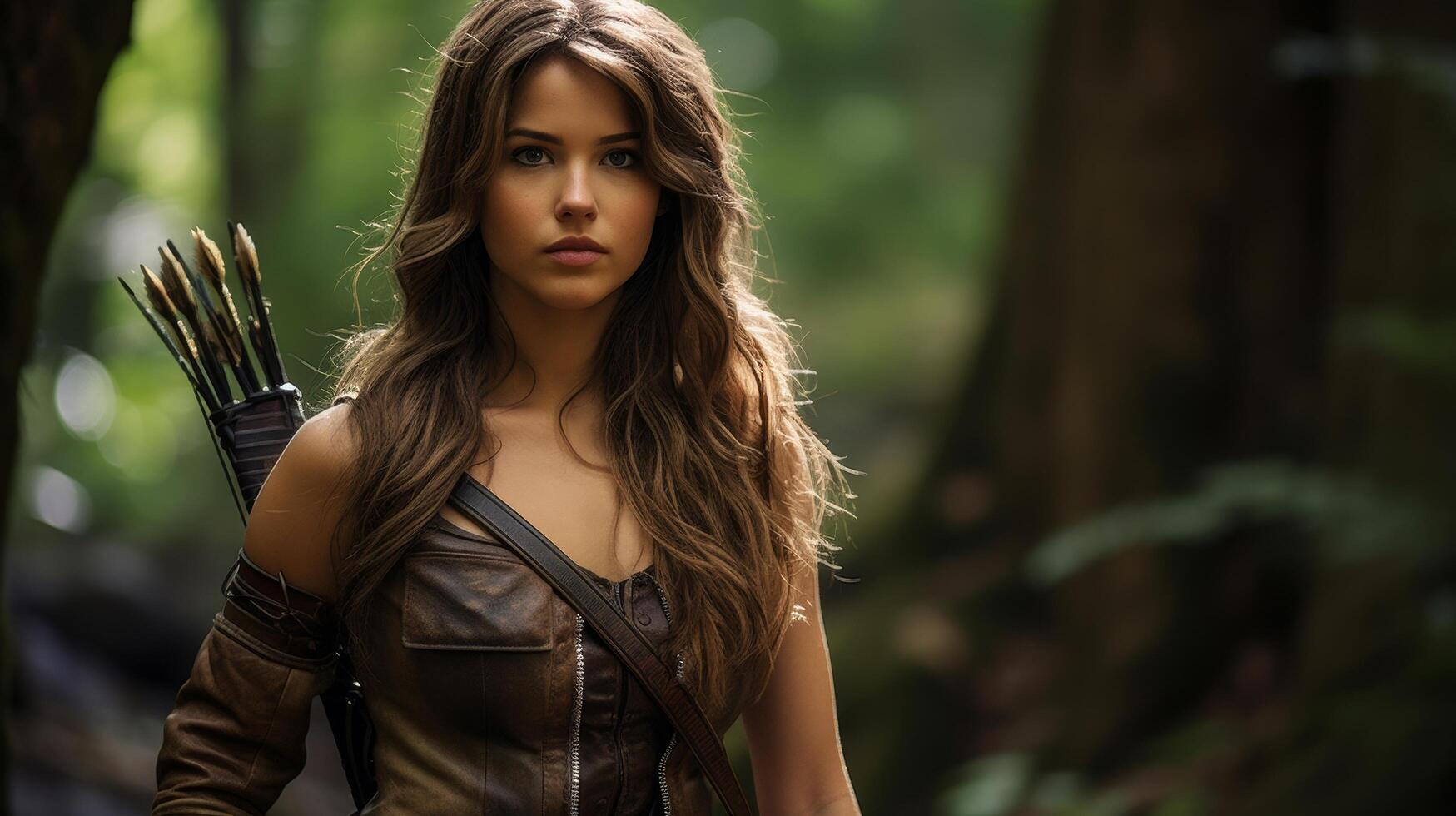 Mysterious woman with bow and arrow in forest photo
