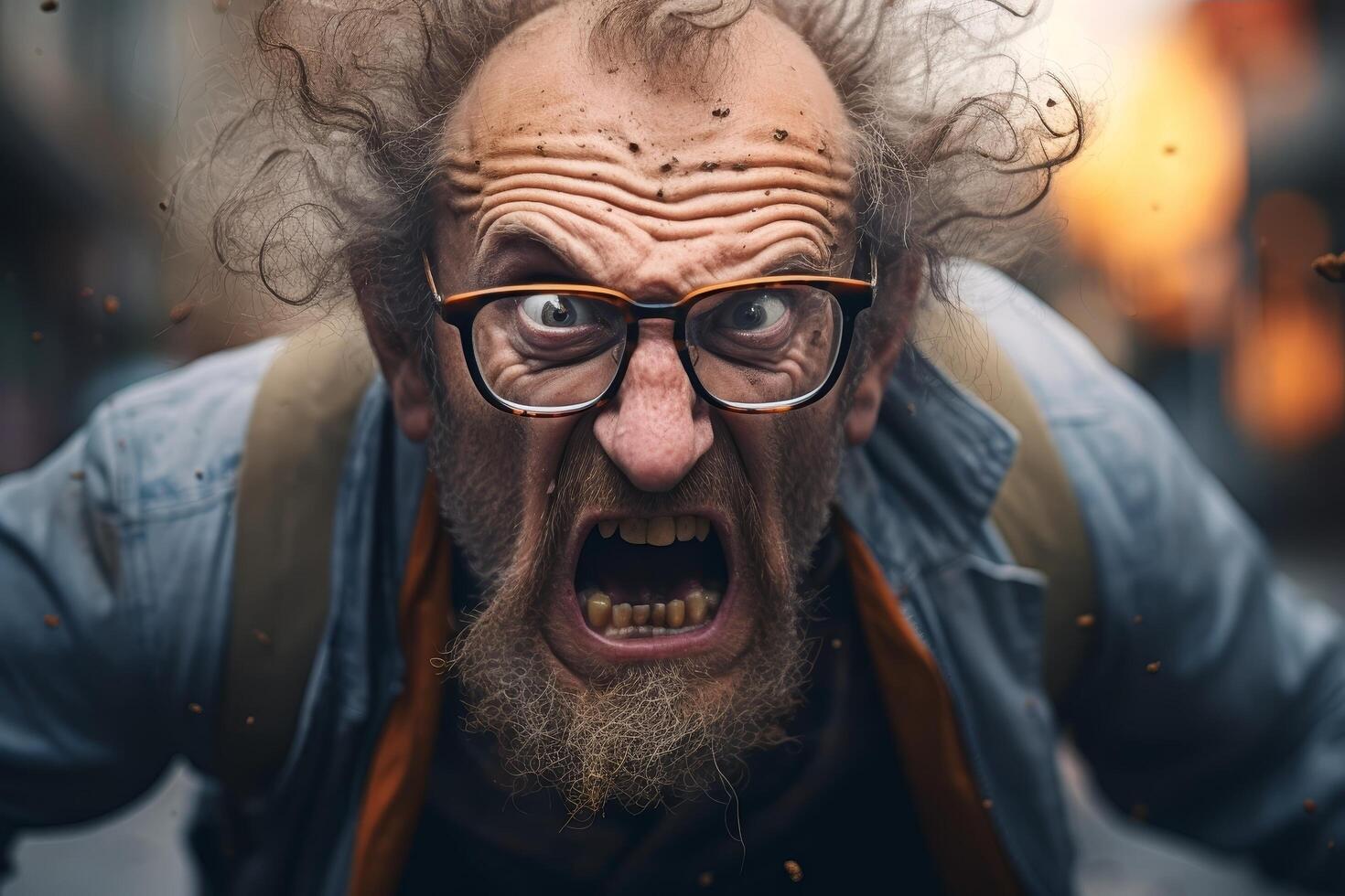 Intense expression of an older man with glasses and a beard photo