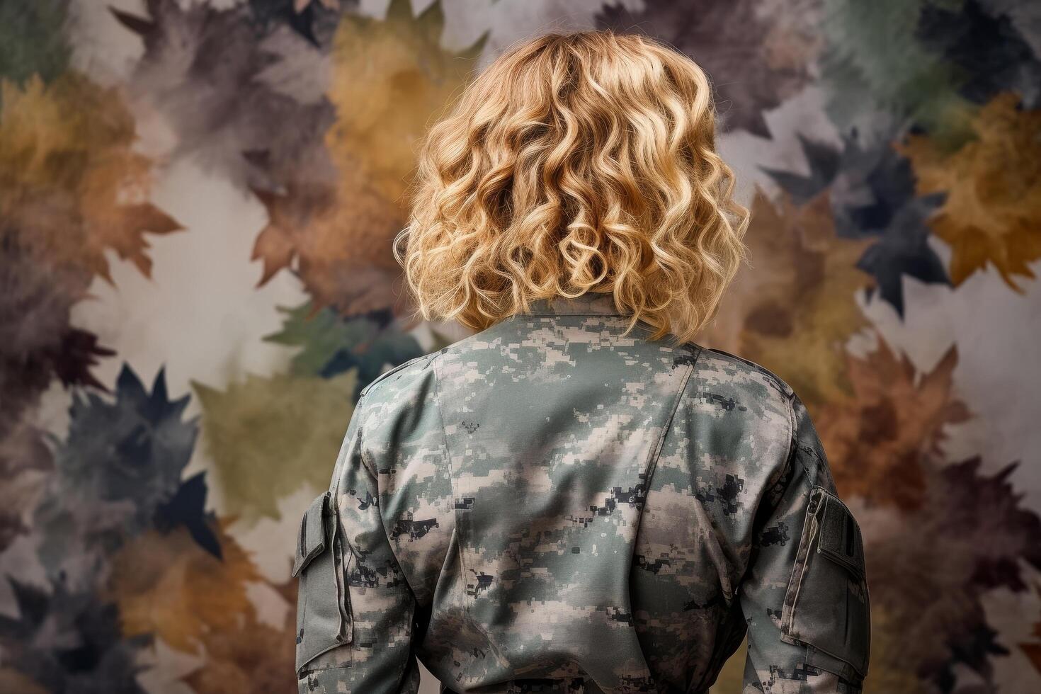 Curly haired woman in military uniform standing in autumn leaves photo
