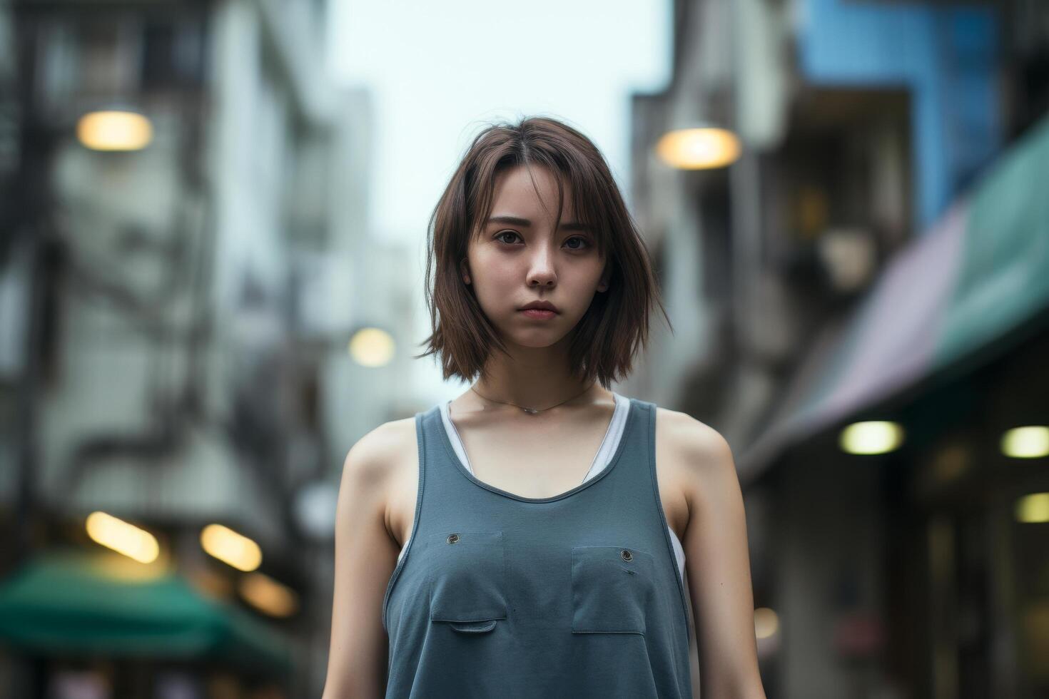 young woman with short dark hair standing in city street photo