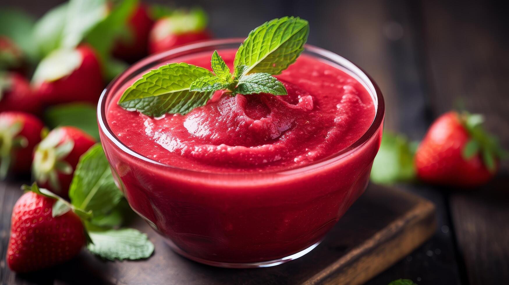 refreshing strawberry smoothie with mint leaves photo