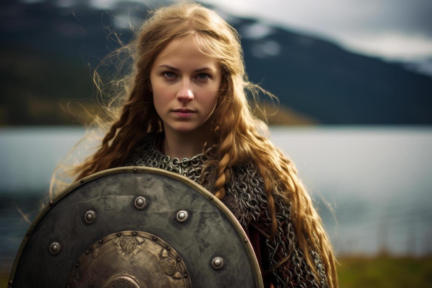 Fierce female warrior with shield in nature photo