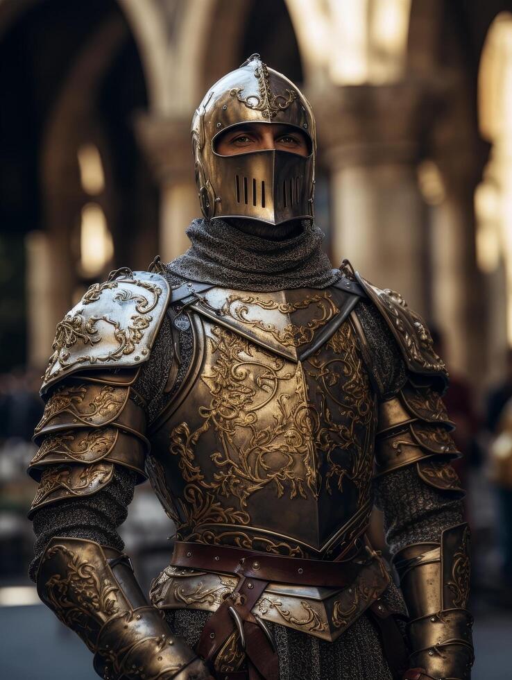 Ornate medieval knight in golden armor photo