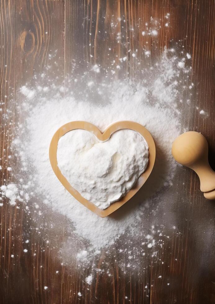 heart shaped cookie cutter on flour dusted wooden surface photo