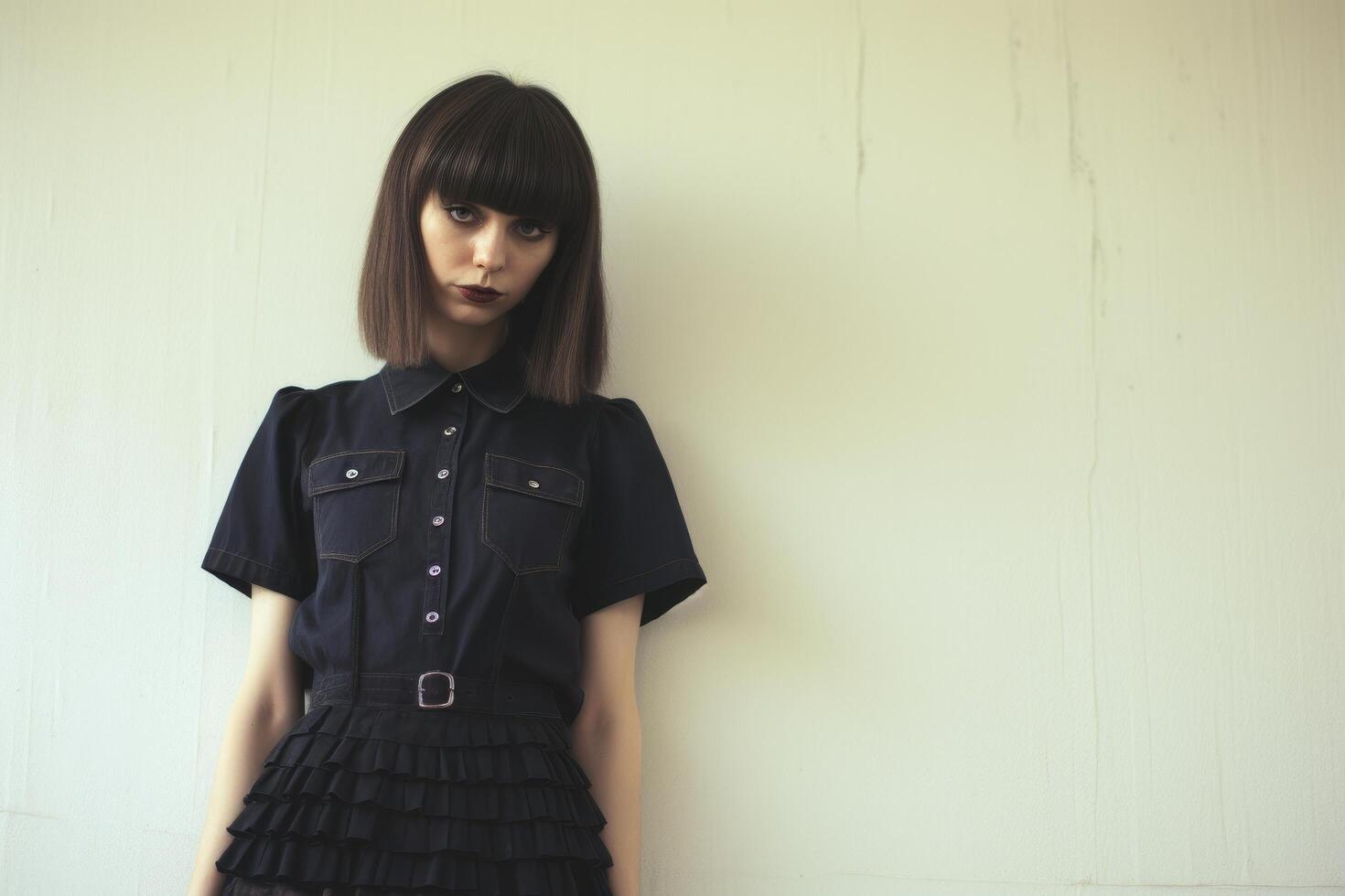 young woman in black dress standing against white wall photo