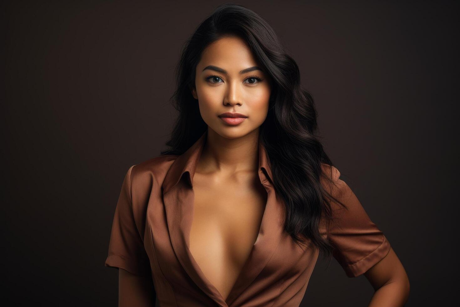 Confident and alluring woman in brown outfit photo