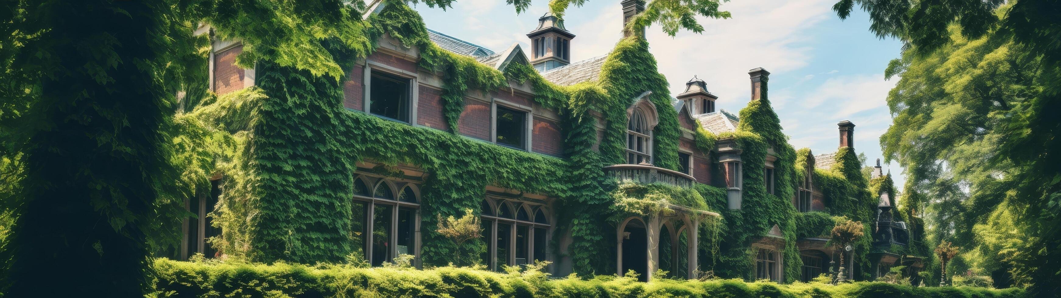Ivy covered historic building in lush green garden photo