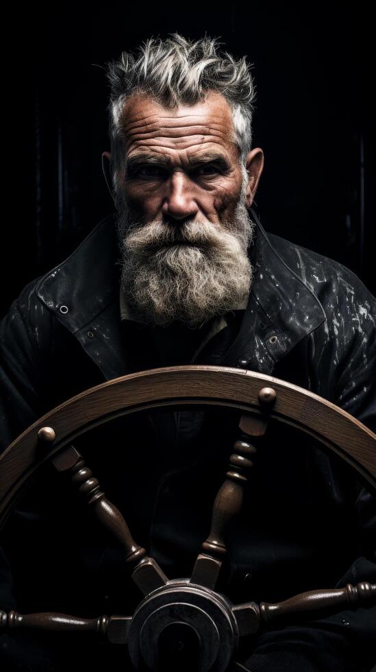 Rugged old man with long beard and intense expression photo