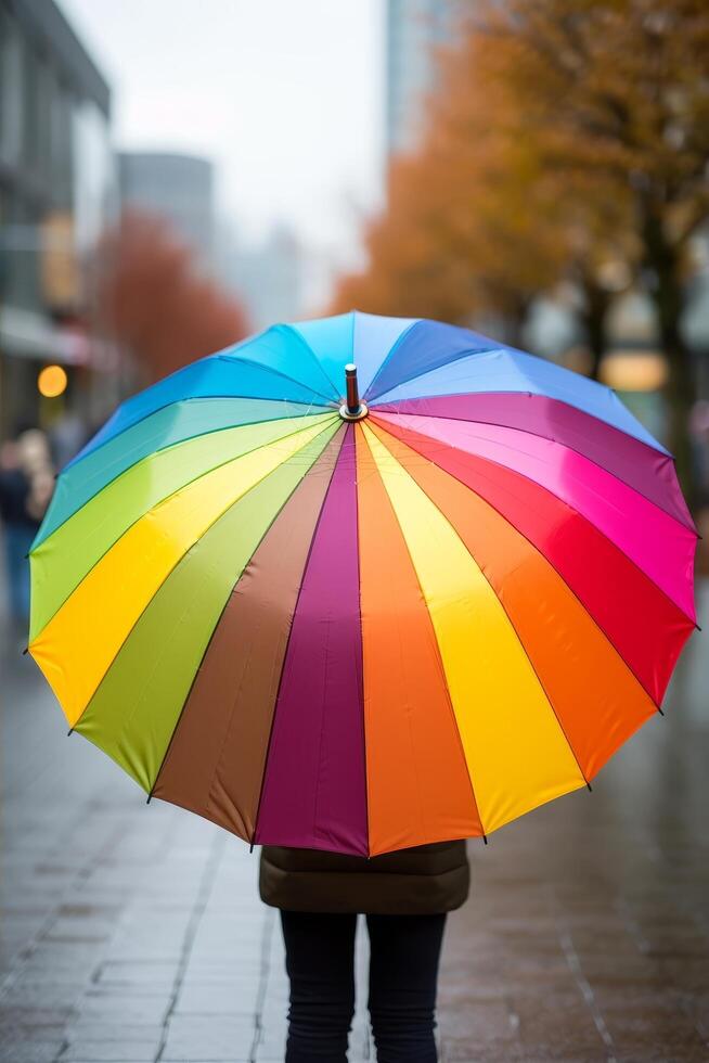 Colorful umbrella in rainy city photo
