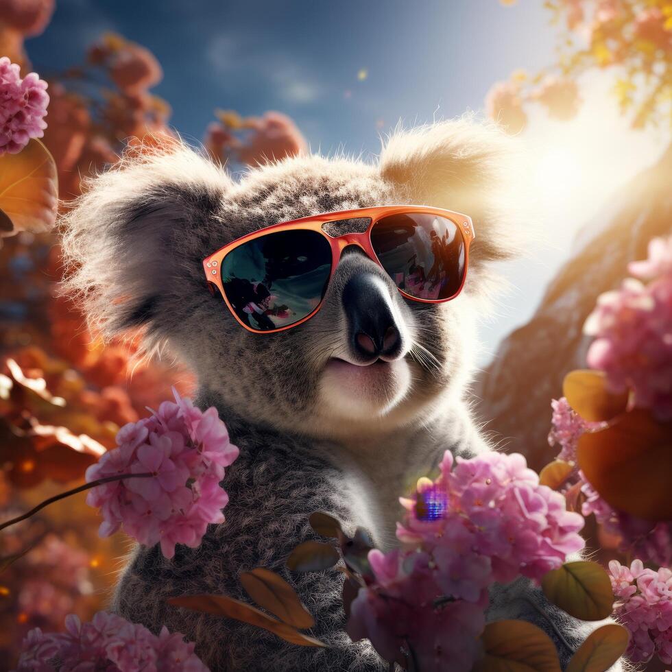 Cute koala wearing sunglasses surrounded by pink flowers photo
