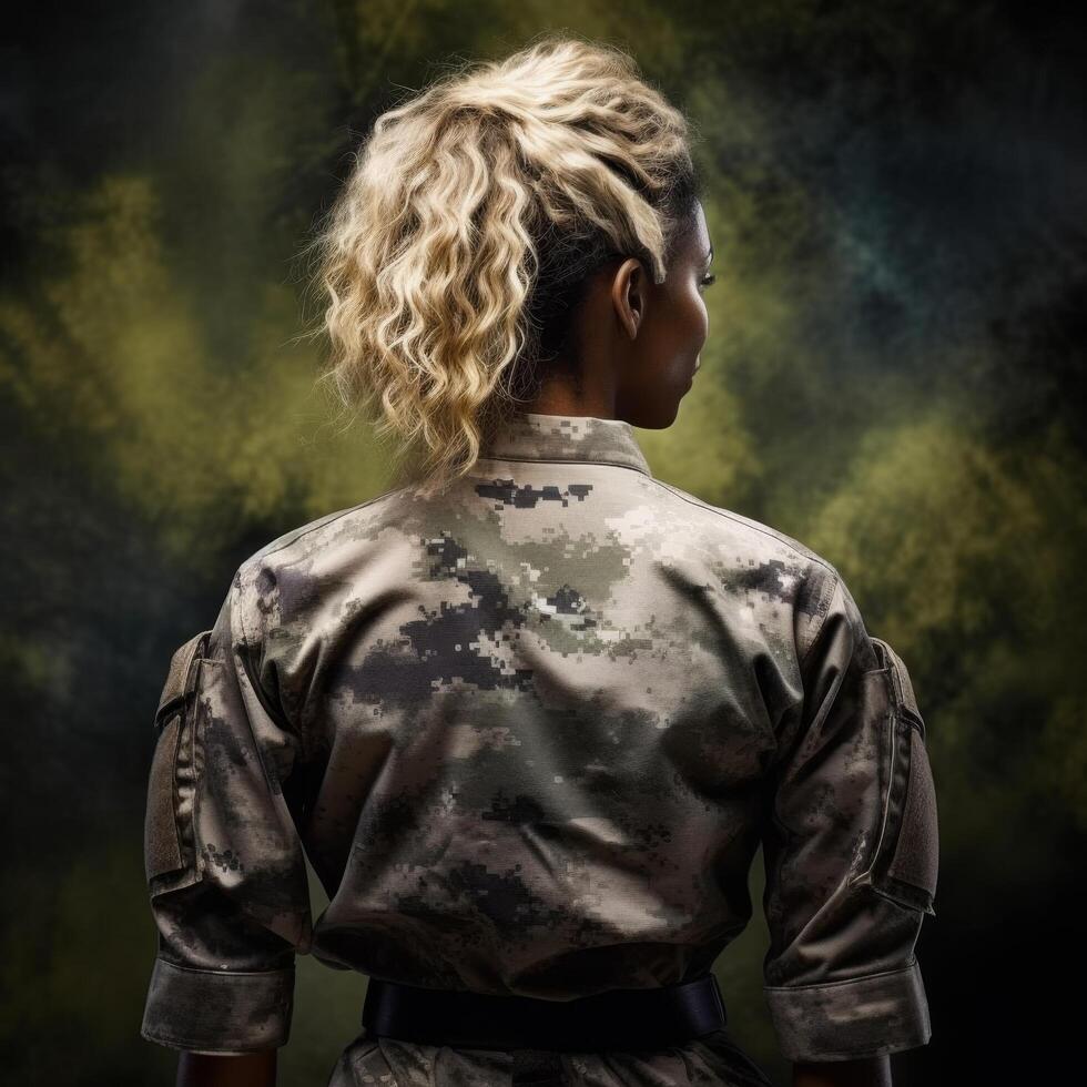 Soldier with blond curly hair in military uniform photo