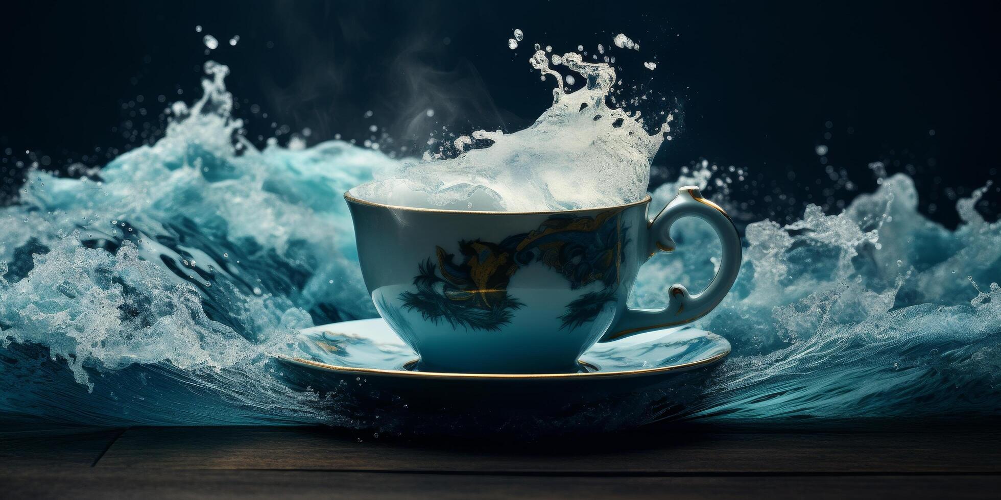 Splashing tea cup on a stormy ocean background photo