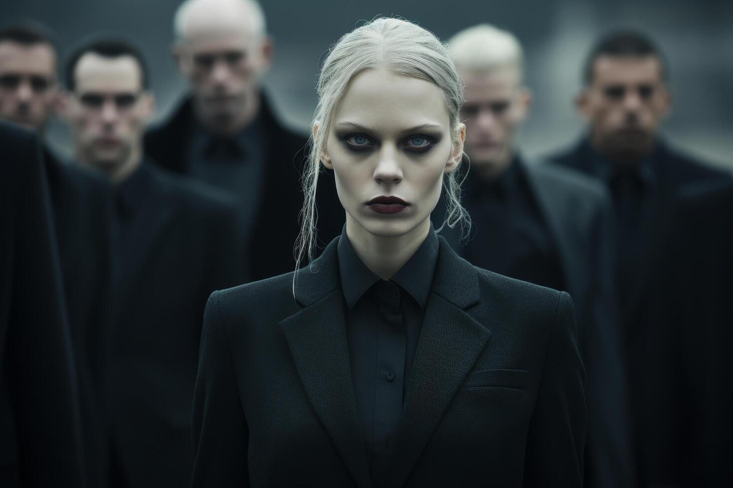 Serious woman in black coat with group of men in background photo