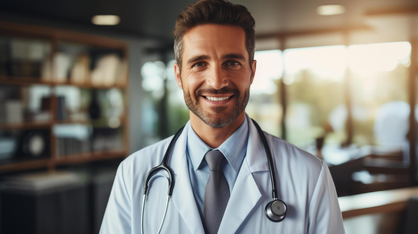 Friendly doctor smiling in medical office photo