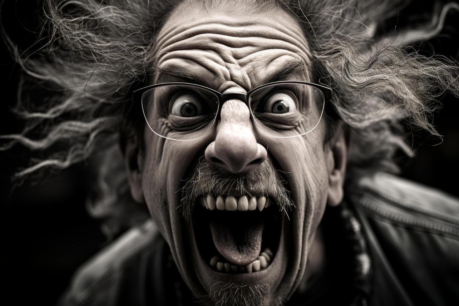 Intense and expressive portrait of a man with wild hair and glasses photo