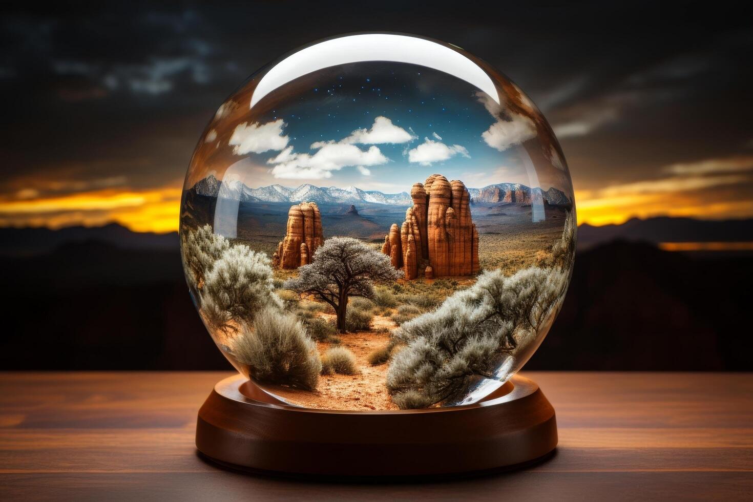 Surreal desert landscape in a crystal ball photo