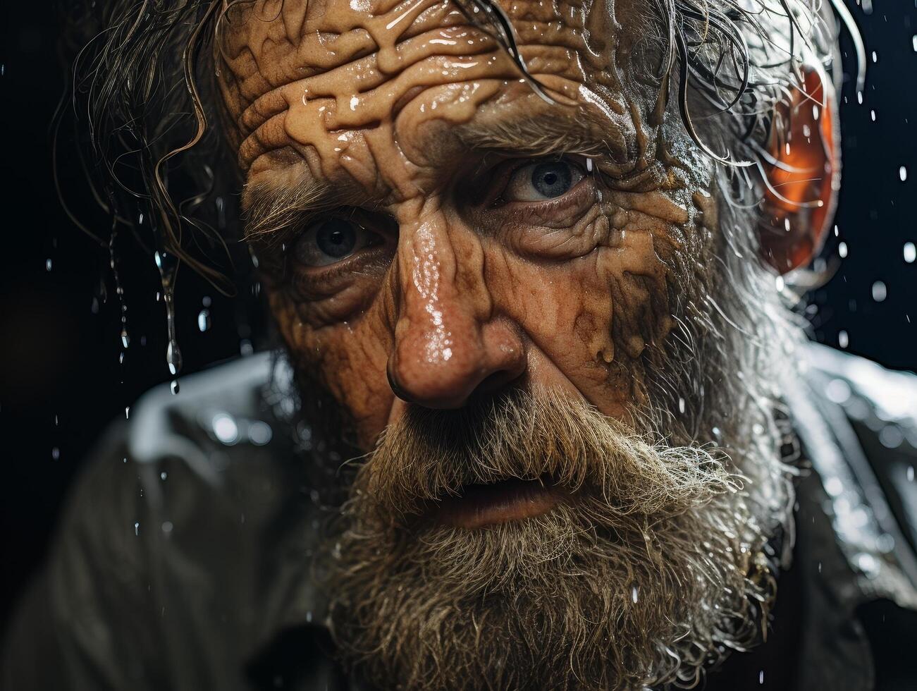 close up portrait of a weathered, bearded man with intense eyes photo