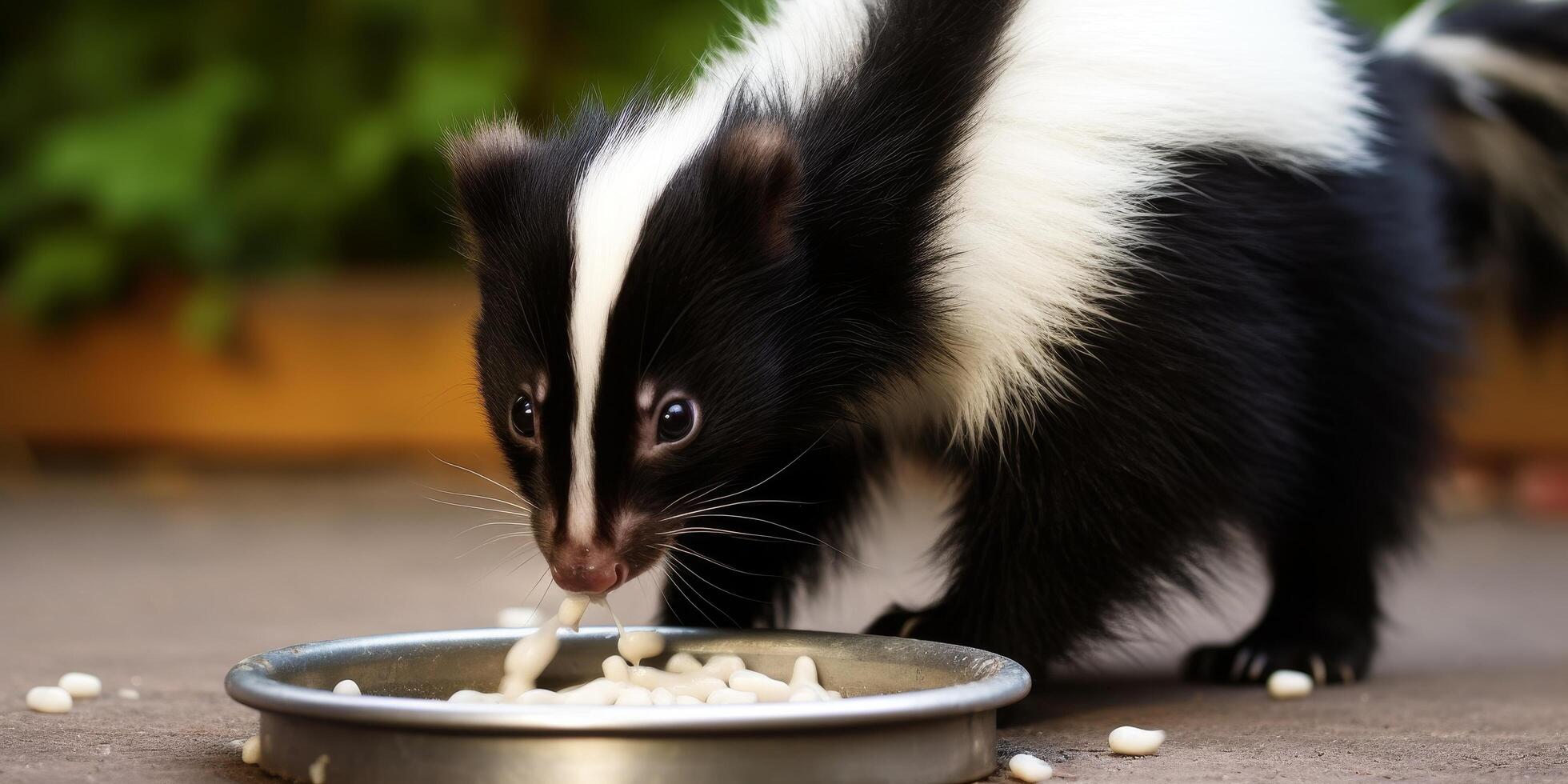 Curious skunk sniffing food in bowl photo