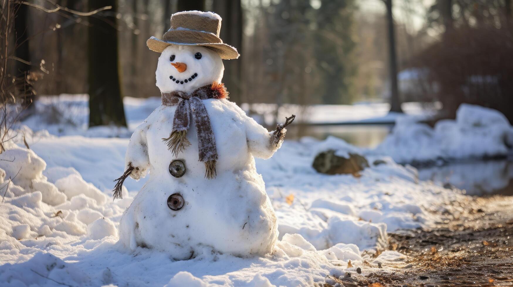 Cheerful snowman in winter landscape photo