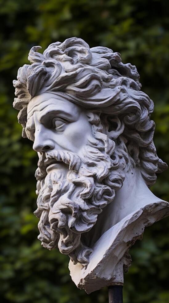 Detailed sculpture of a bearded man with flowing hair photo