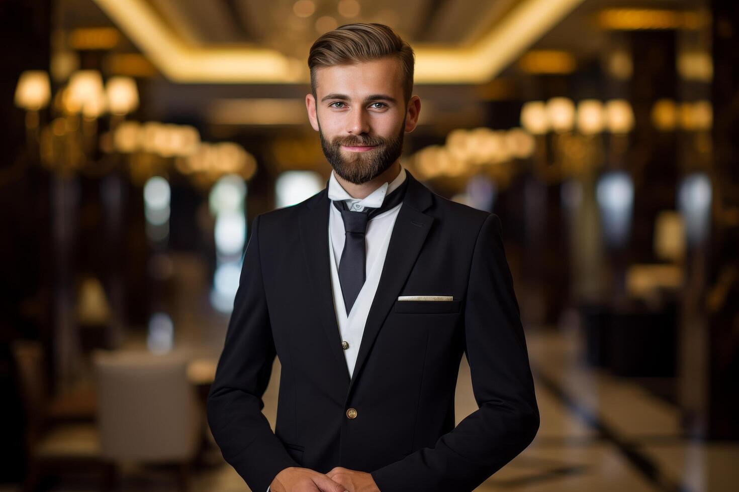 Handsome businessman in formal suit posing in luxury hotel lobby photo