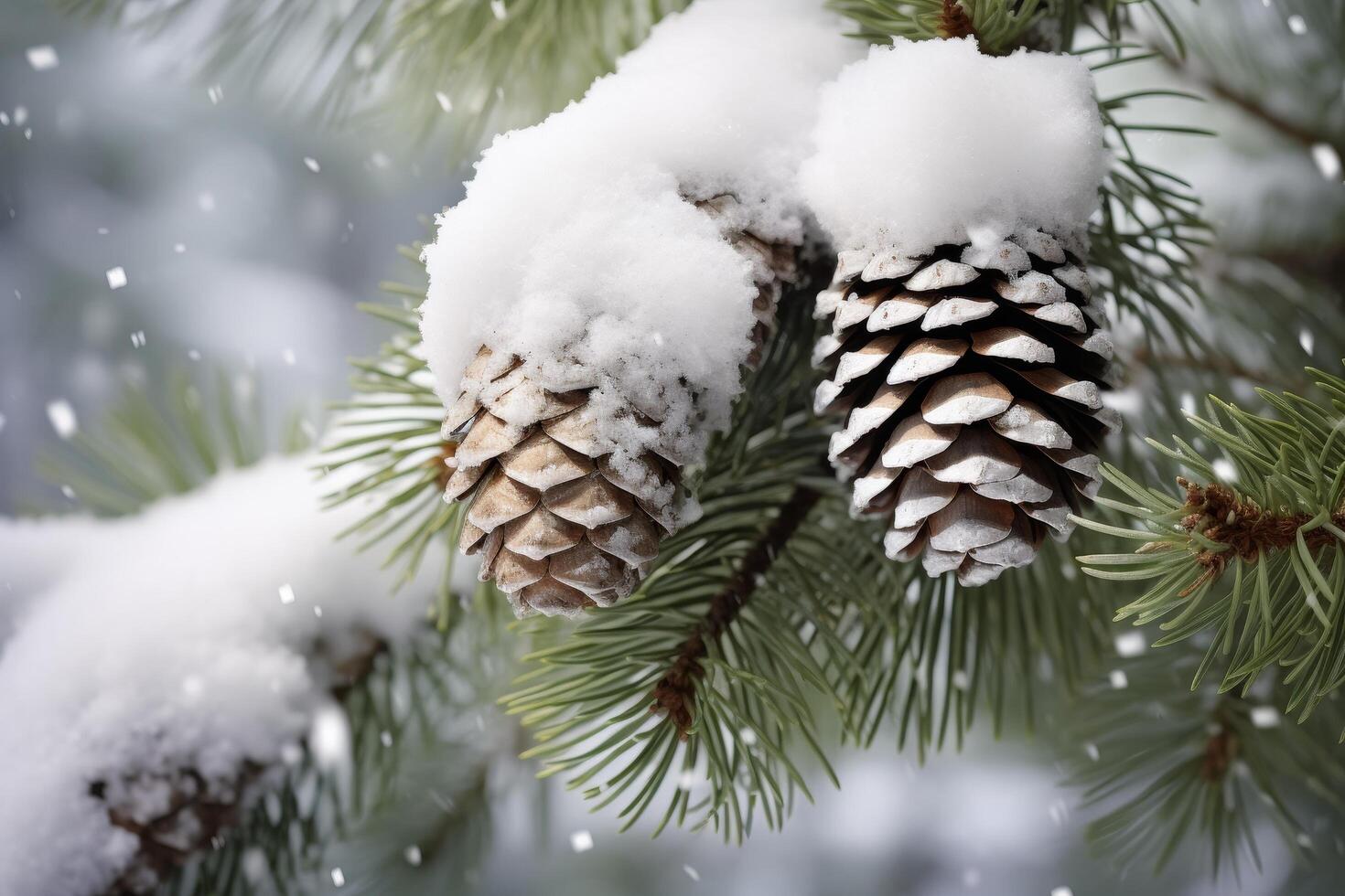 snowy pine cones on evergreen tree branches photo