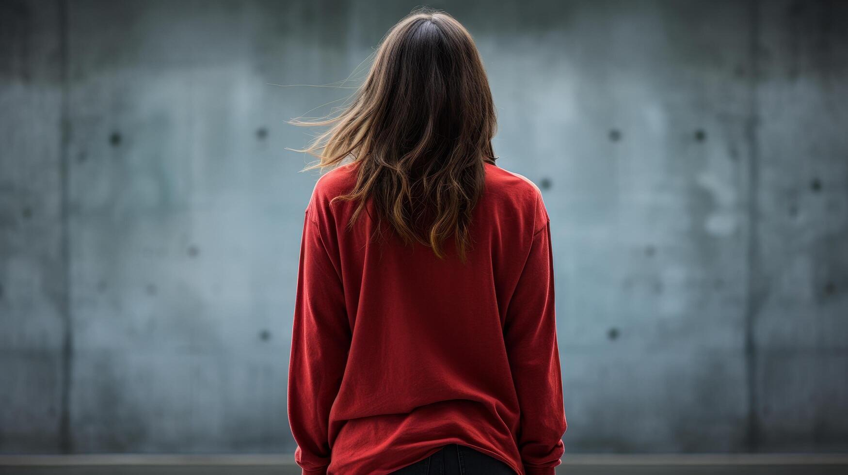 woman in red jacket standing in front of concrete wall photo