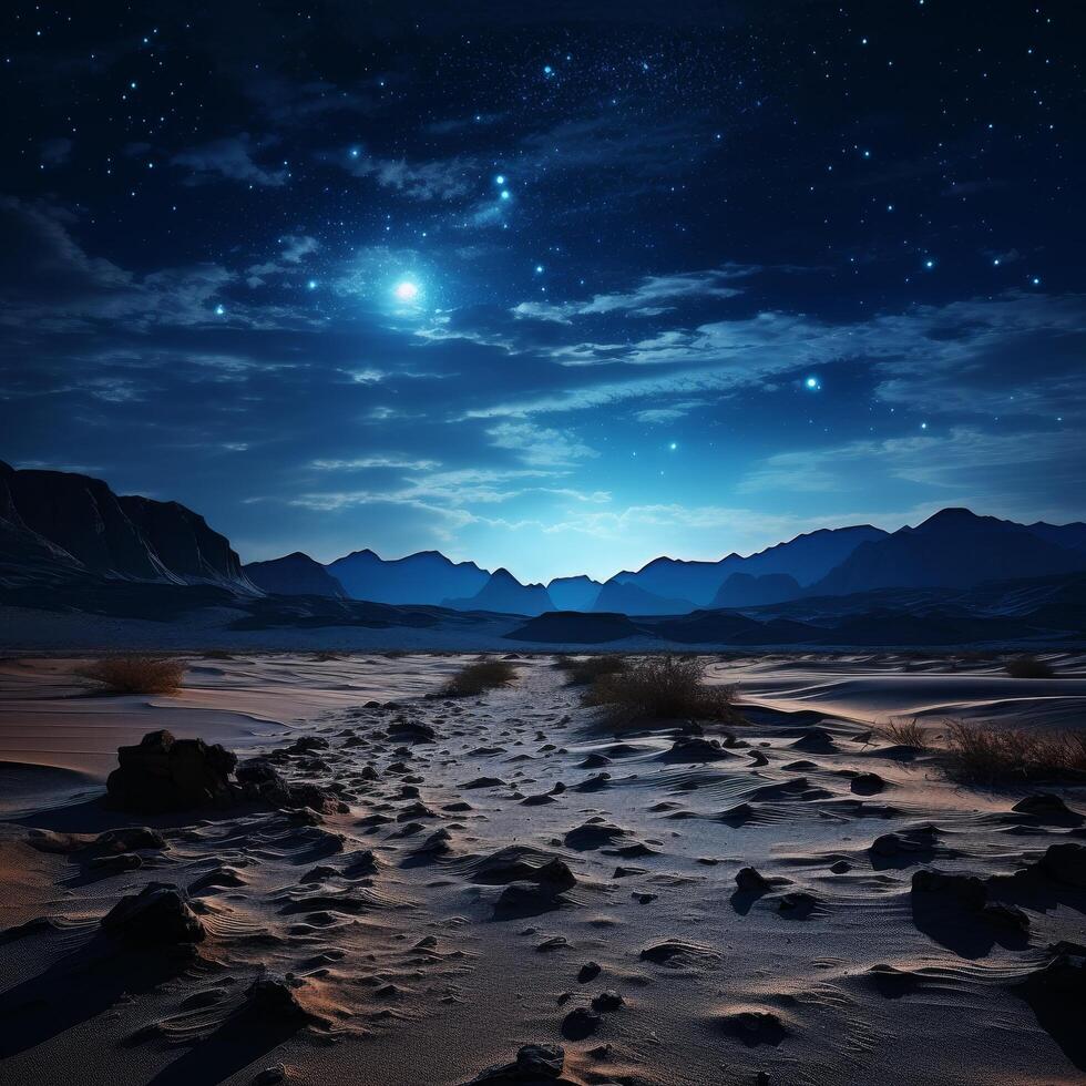 Starry night sky over desert landscape photo