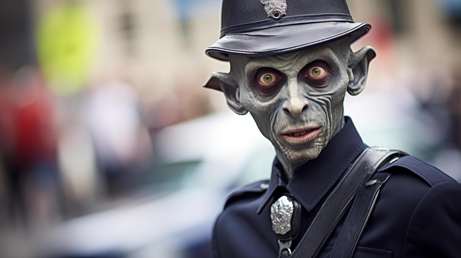 Creepy zombie police officer in uniform photo