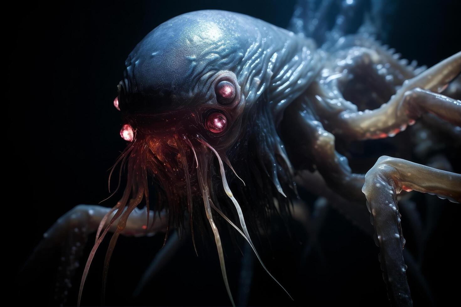 Mysterious deep sea creature with glowing eyes and tentacles photo