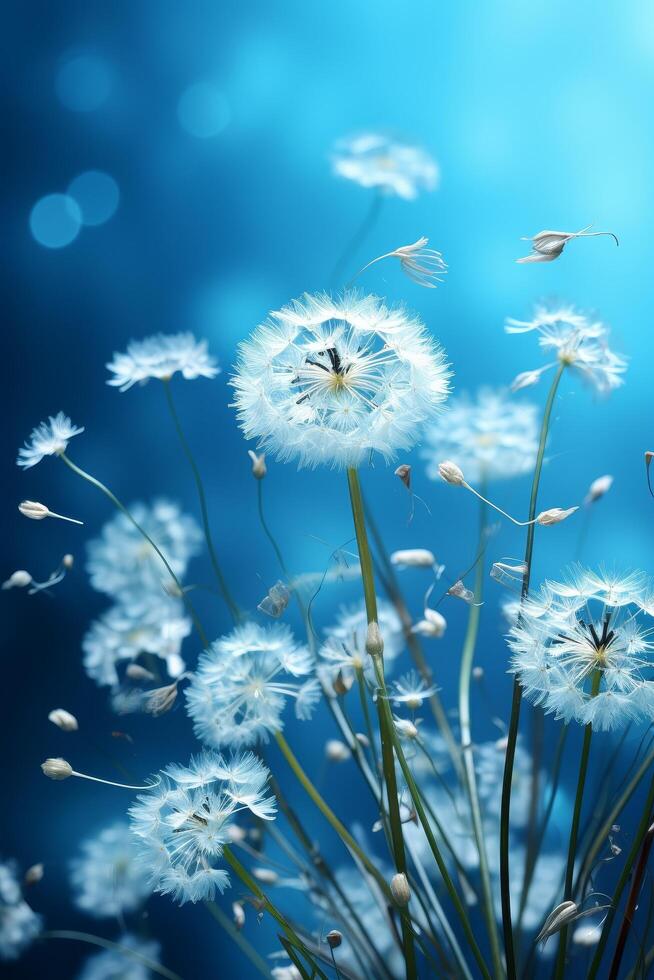 Delicate dandelion flowers blowing in the wind photo