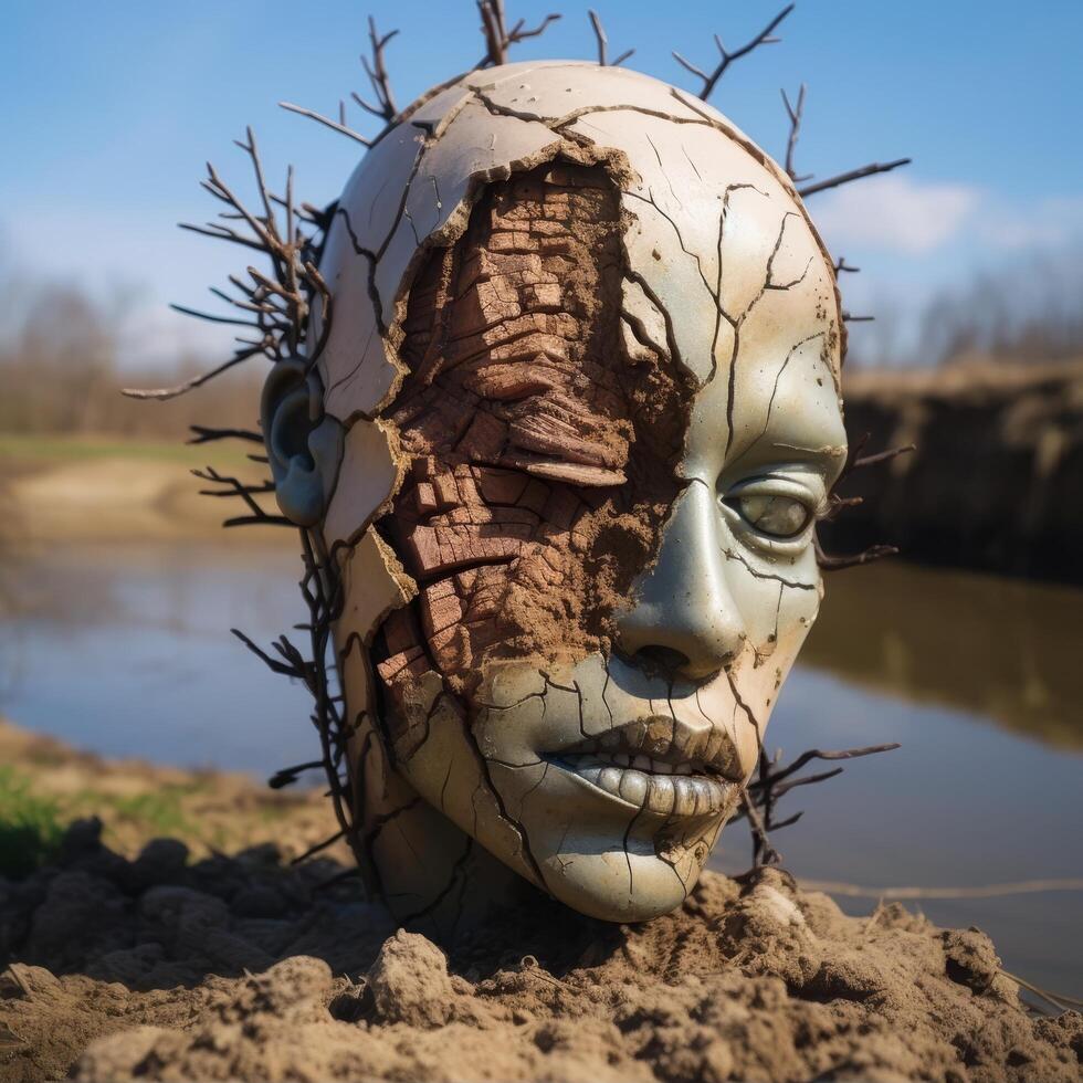 cracked earth face sculpture in nature photo