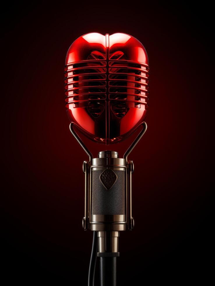 Retro microphone with red shell on dark background photo