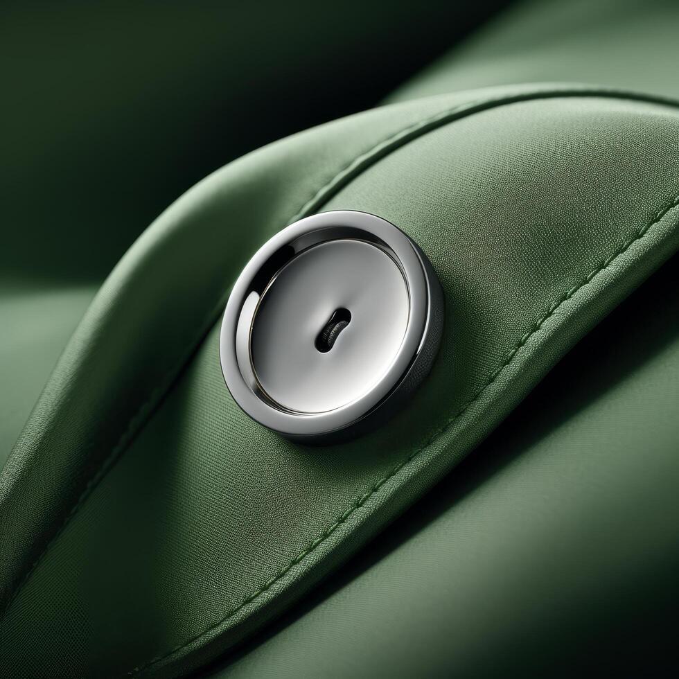 Close up of a green leather chair with a chrome button photo