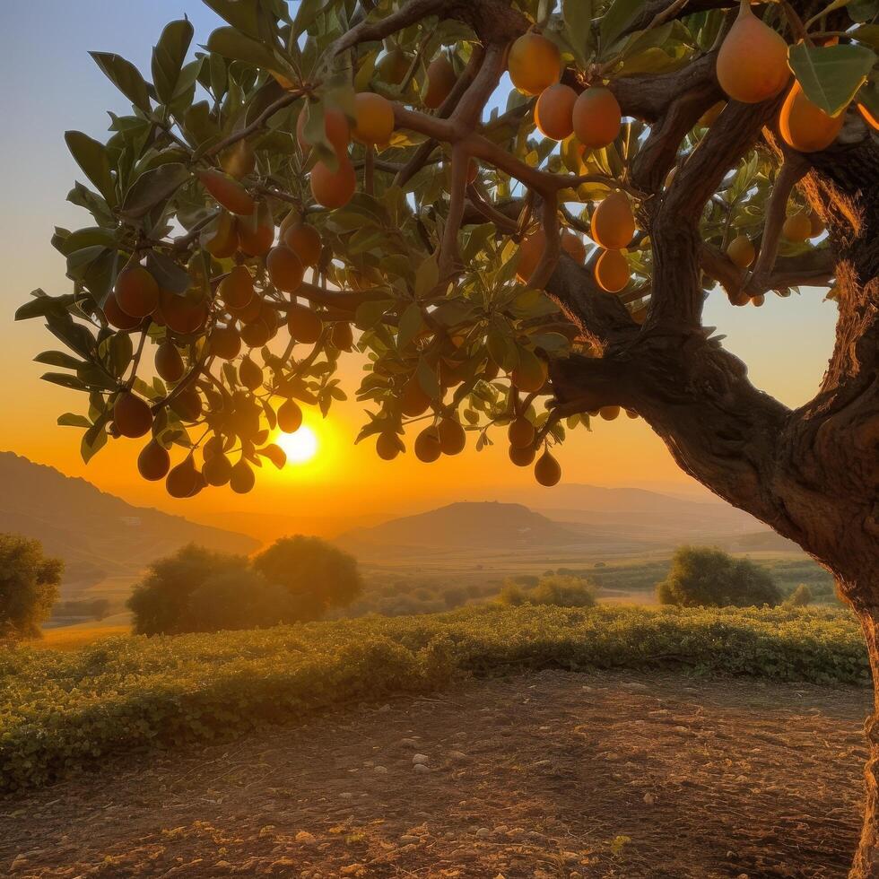 Sunset over an orange tree orchard photo