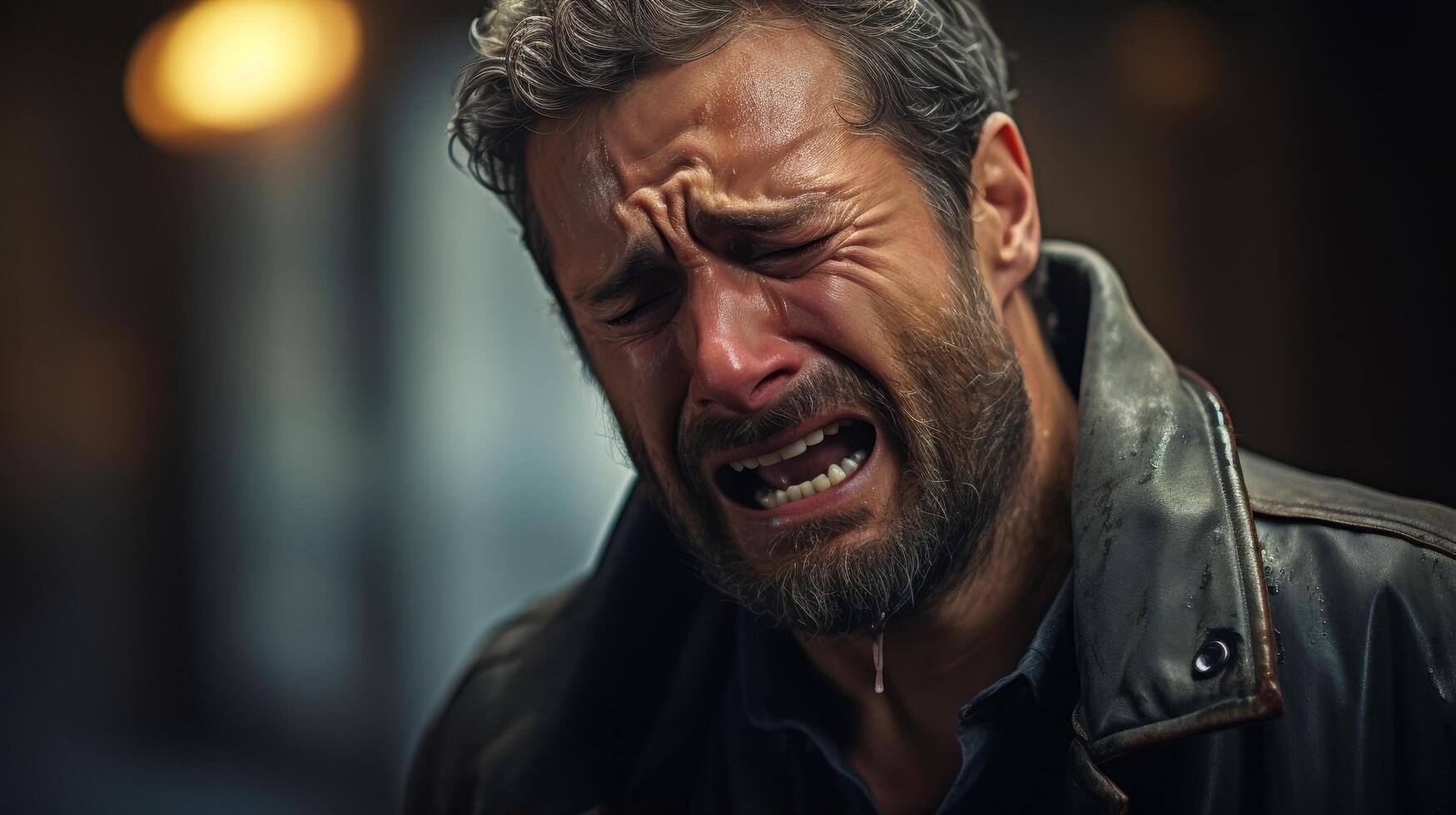 Anguished man with beard crying in distress photo