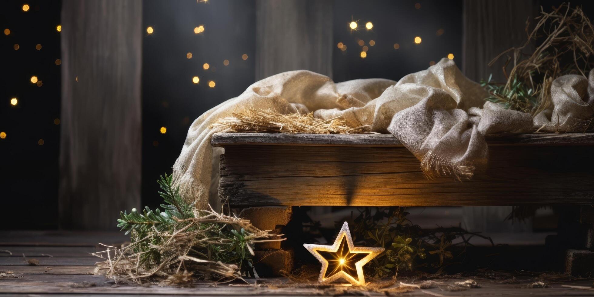 cozy christmas scene with book, lights, and decorations photo