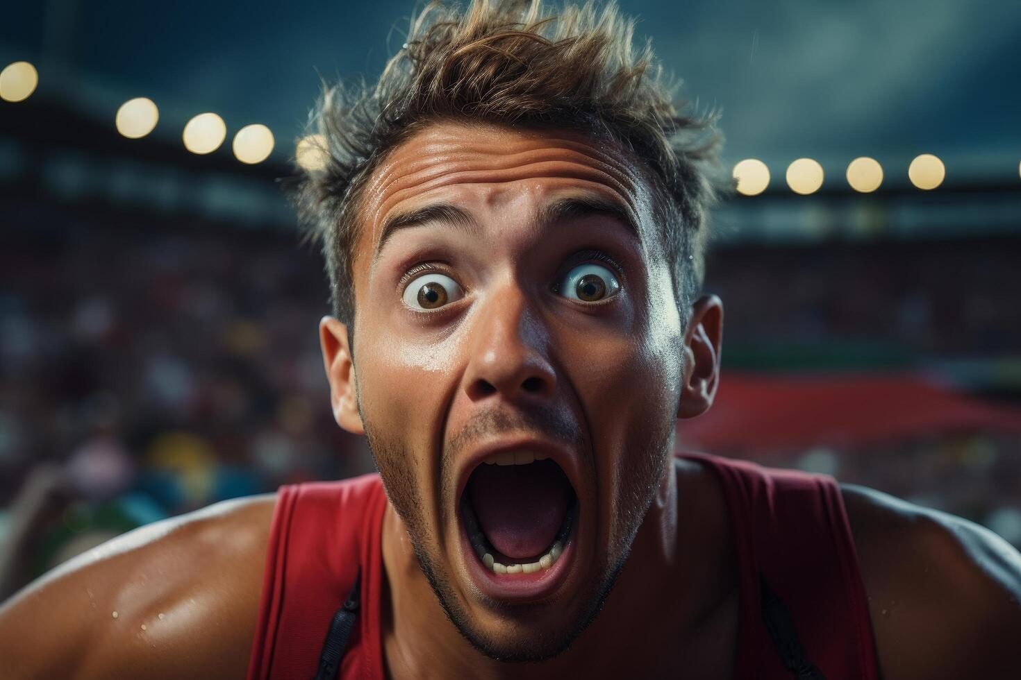 Surprised man with wide eyes and open mouth photo